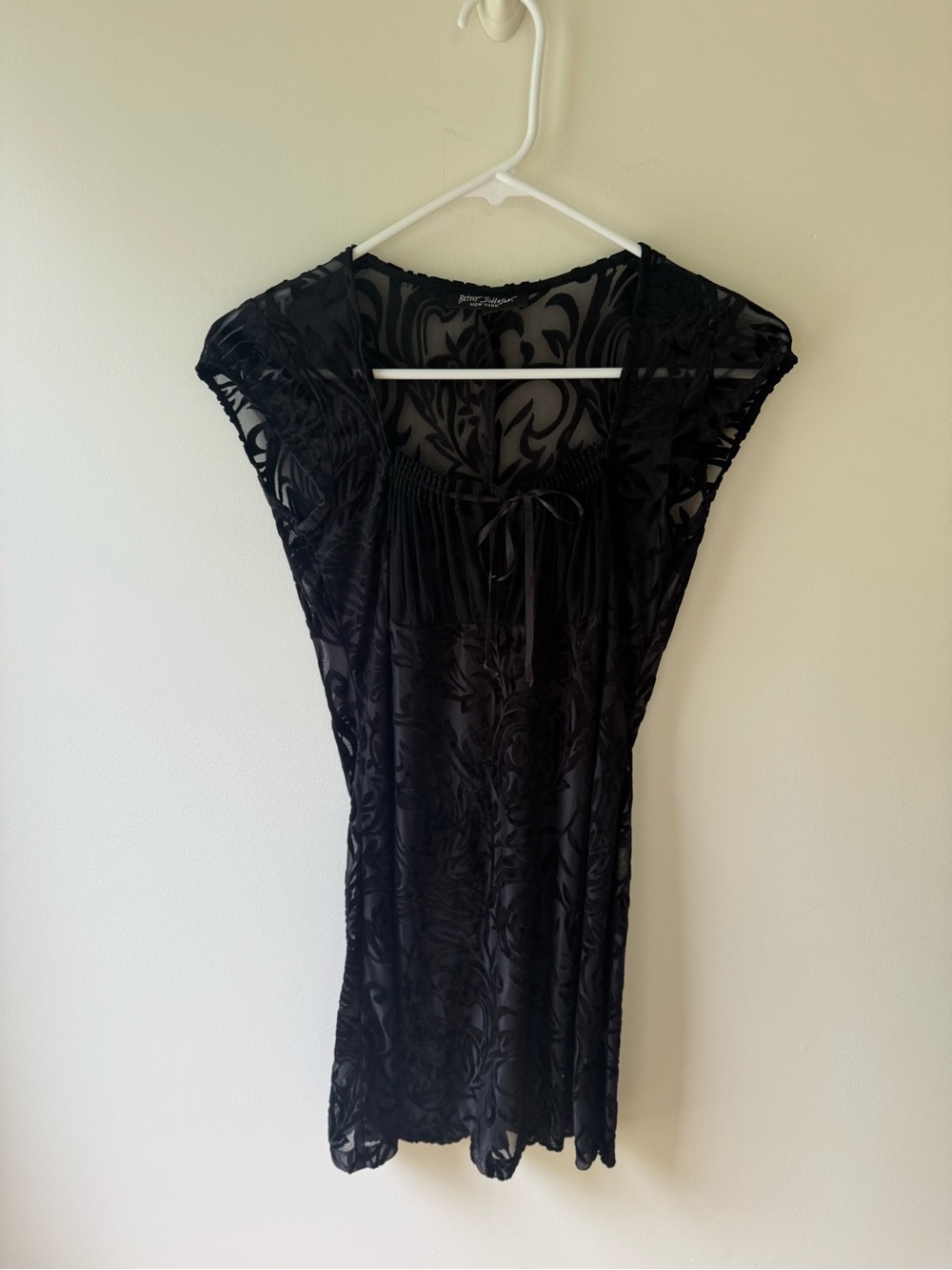 1990s Betsey Johnson Black Sheer Velvet Burnout babydoll dress M